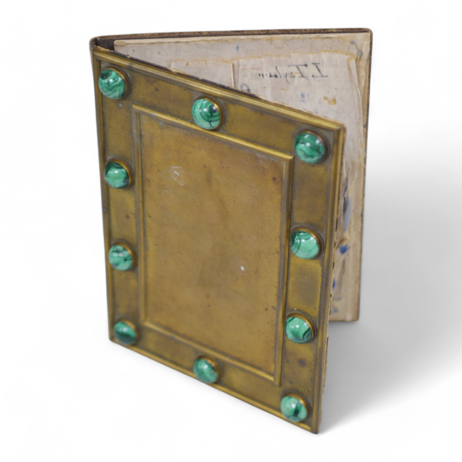 A 19th century malachite inset gilt brass blotter, 19cm wide x 26.5cm high. Condition - leather scuffed, brass tarnished